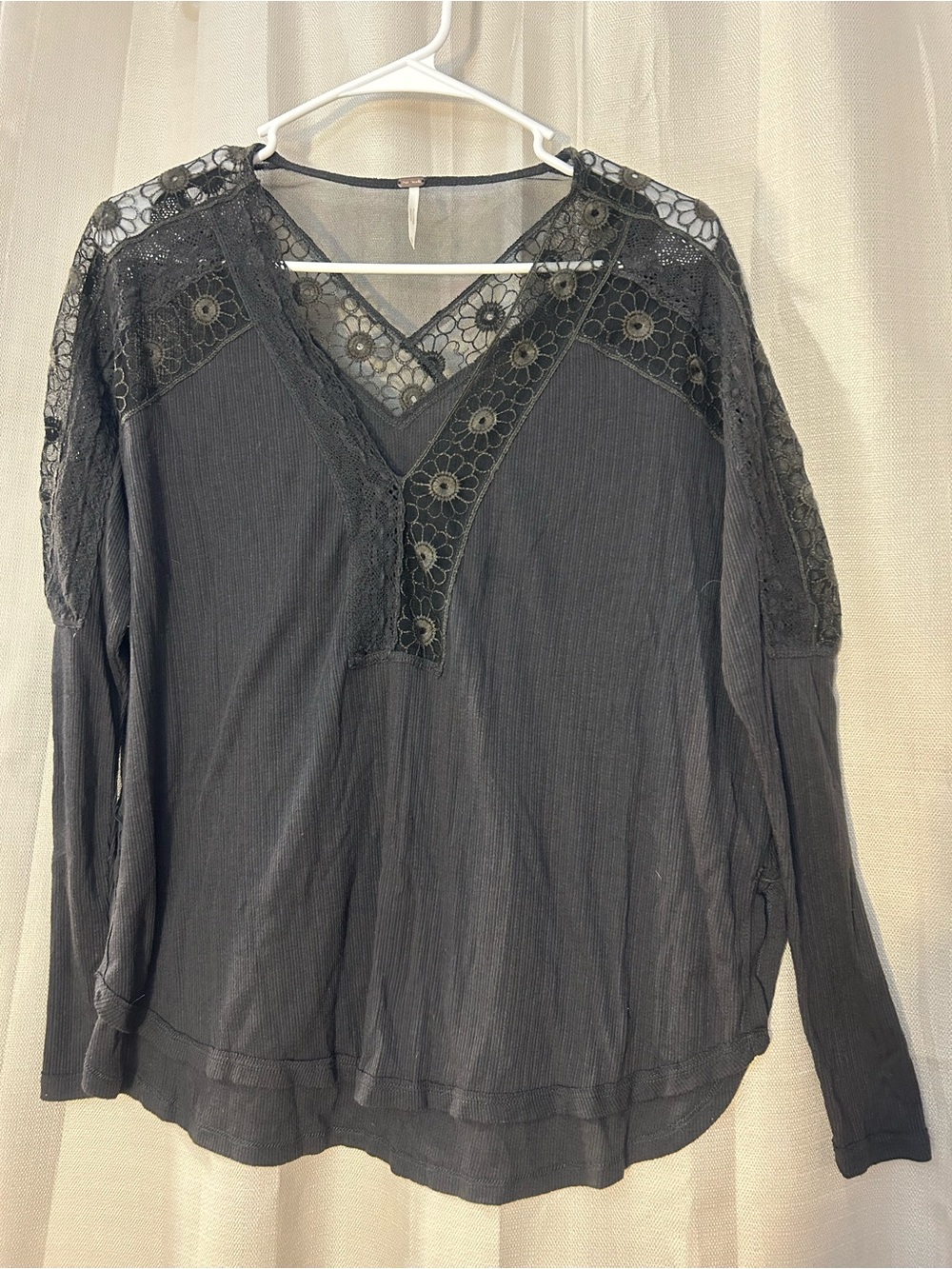 Free People Lola Long Sleeve Lace Trim V-Neck Top Washed Black XS